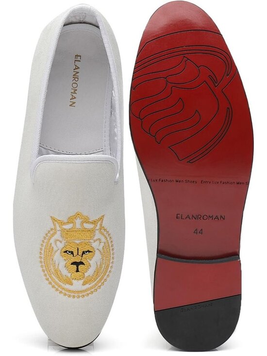 ELANROMAN Men\'s White Velvet Loafers Embroidered Lion Crown Formal Party Shoes